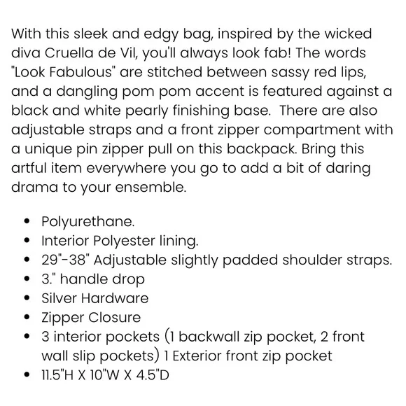 CRUELLA Disney X Danielle Nicole NWT  backpack 🎉101 Dalmatians 65th anniversary! - Picture 3 of 7